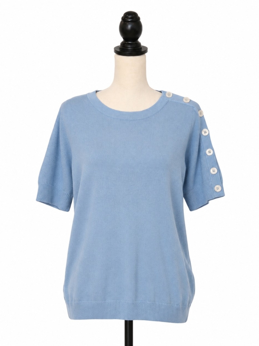 Carlisle Powder Blue Short Sleeve Knit Top with Shoulder Buttons - Picture 3 of 7
